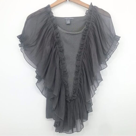 Isabella Rodriguez Gray Knit Ruffle Flutter Sleeve Blouse - Picture 1 of 12